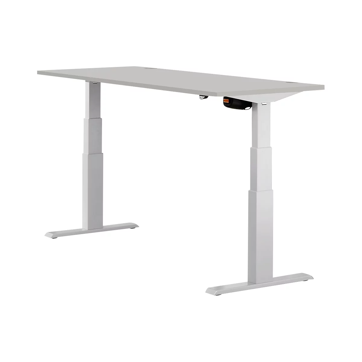 A white, height-adjustable desk. Two columns support the tabletop. The controls are visible.