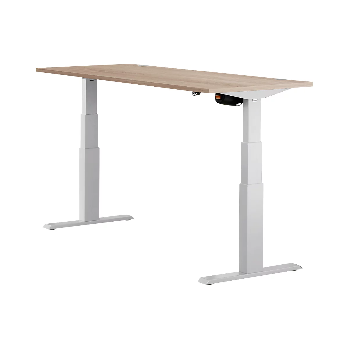 A height-adjustable desk in light wood look with white legs. A control is visible under the tabletop.