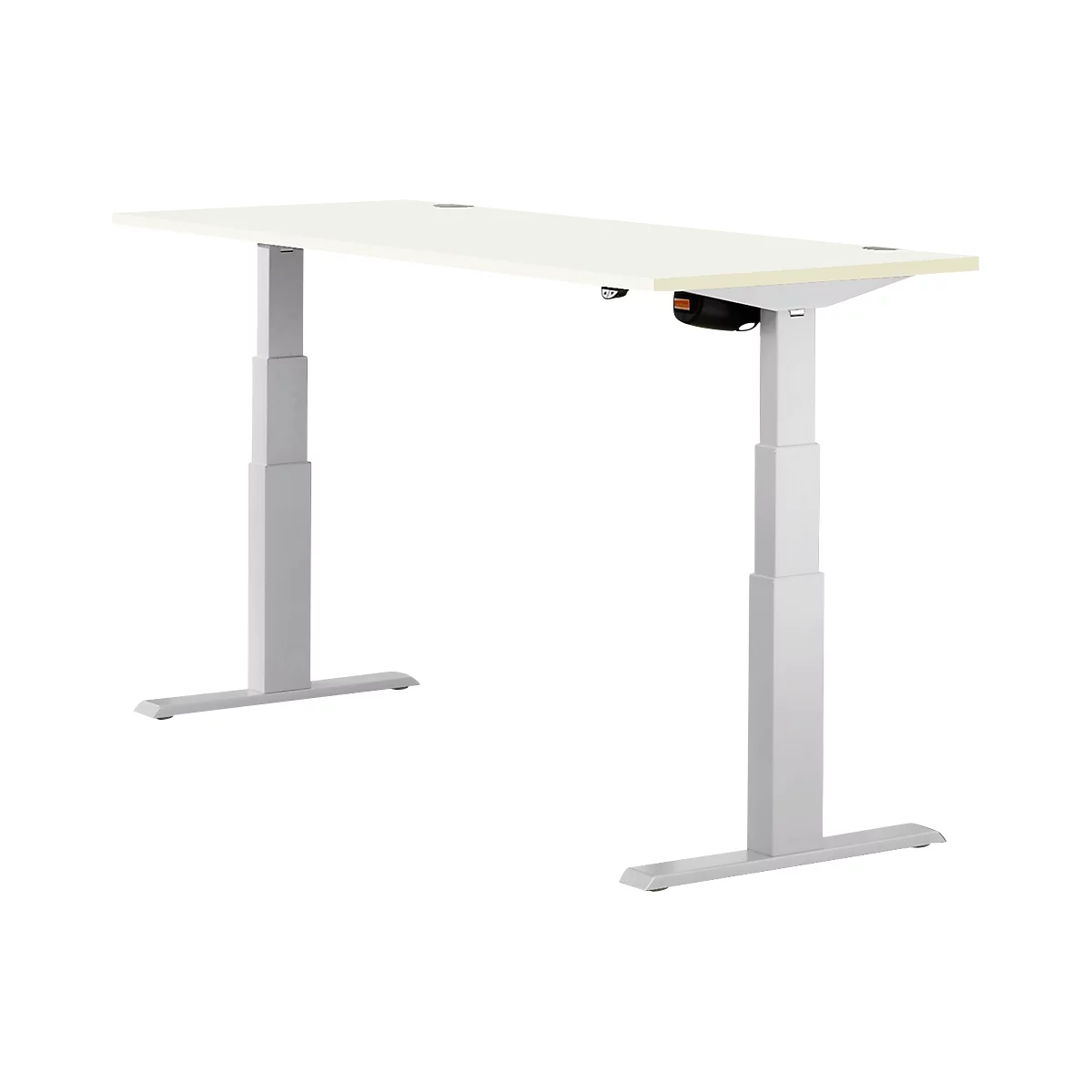 A white, height-adjustable desk against a neutral background. It has two gray legs and a control panel.