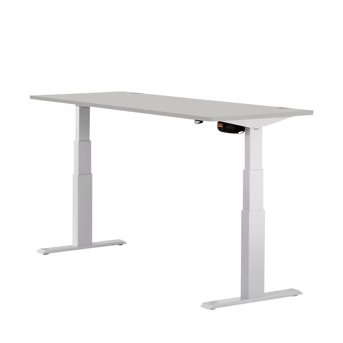 Light grey adjustable height desk against a white background.