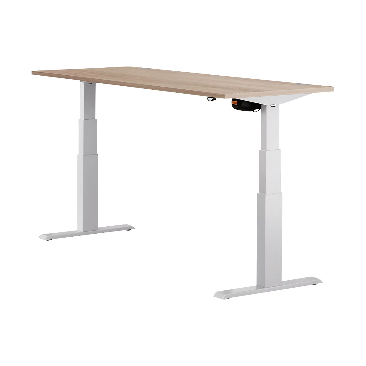 Height-adjustable desk with light wood top and white frame.