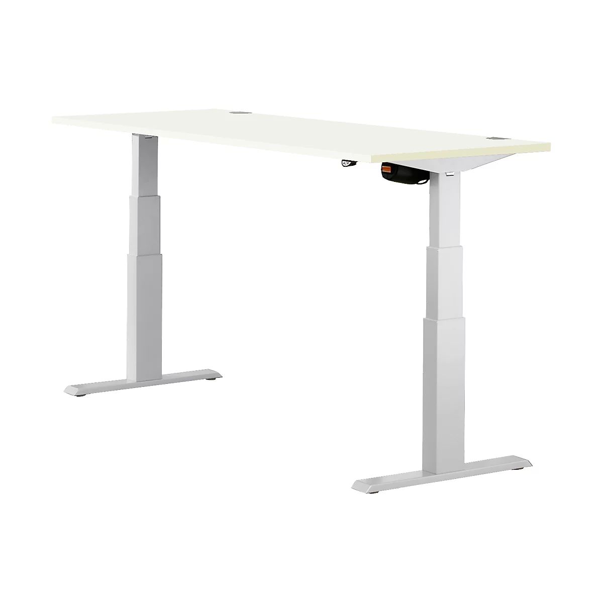 A white, height-adjustable desk. The design is minimalist with light-colored legs and tabletop.