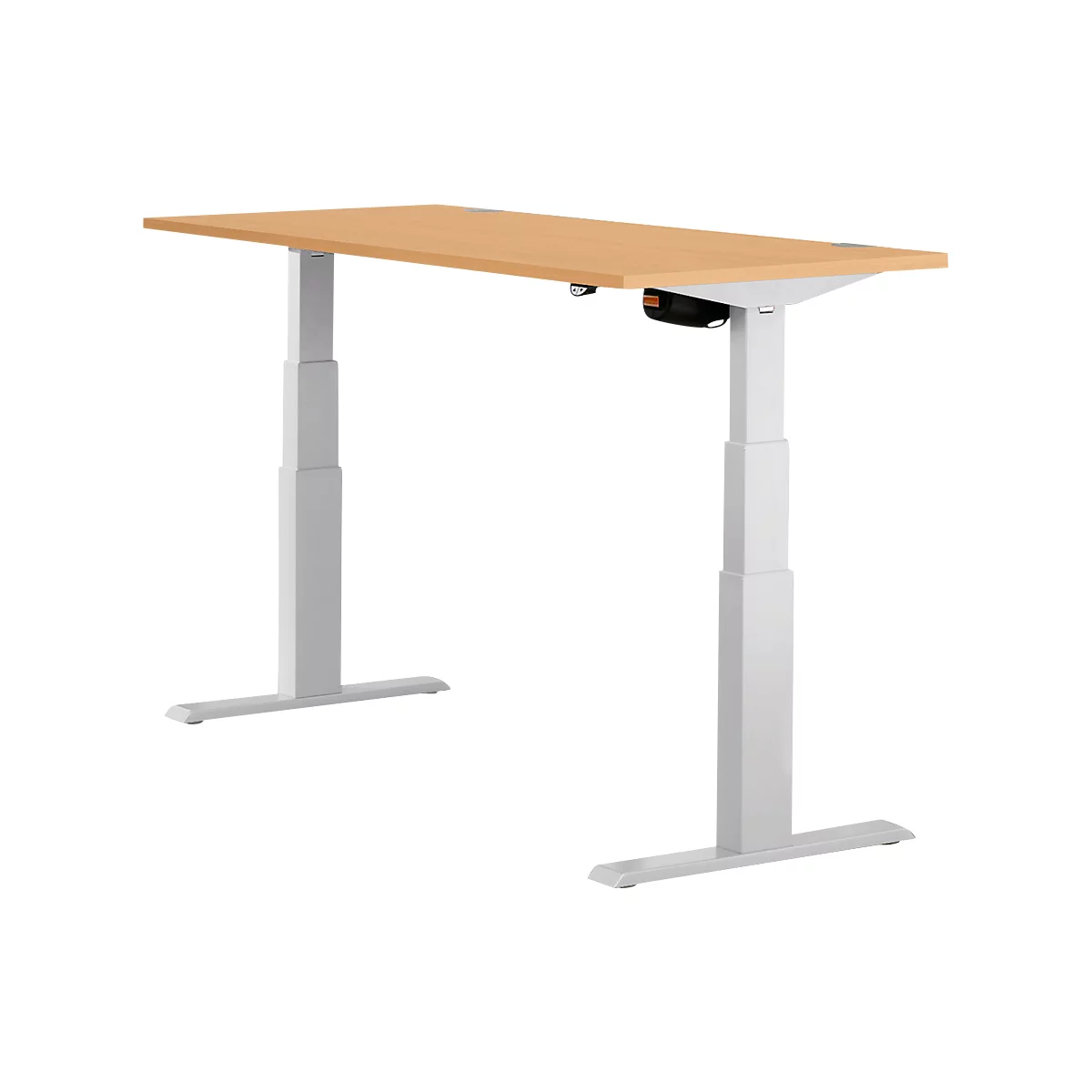 A height-adjustable desk with a light wood top and white legs. A control is attached under the tabletop.