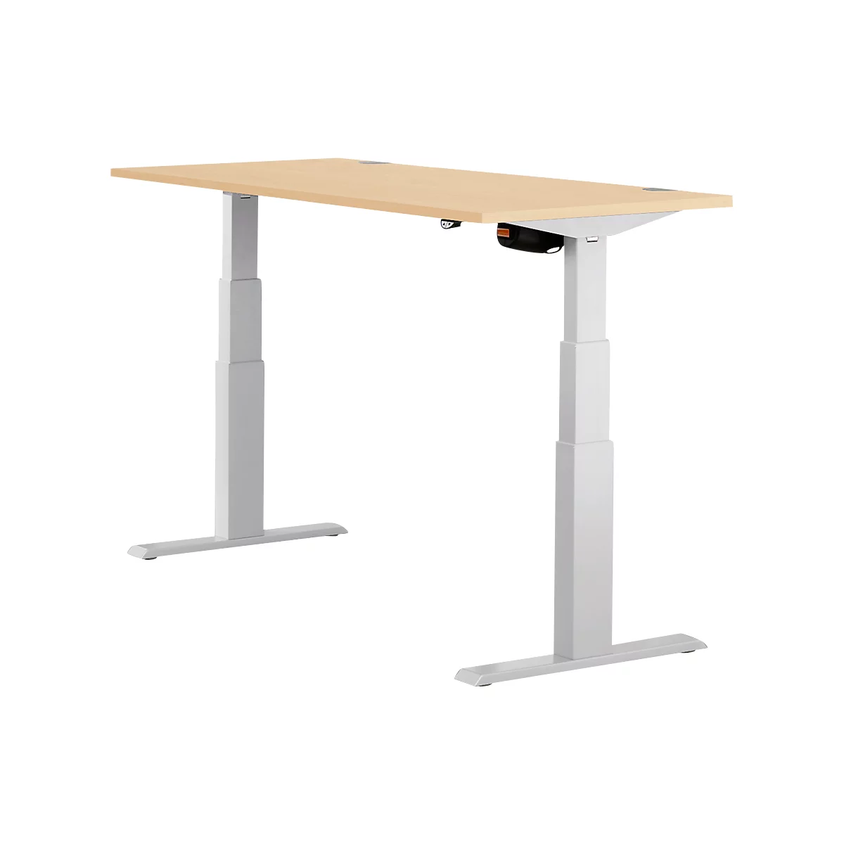 A height-adjustable desk with a light brown tabletop and a white frame. The controls are located under the tabletop.