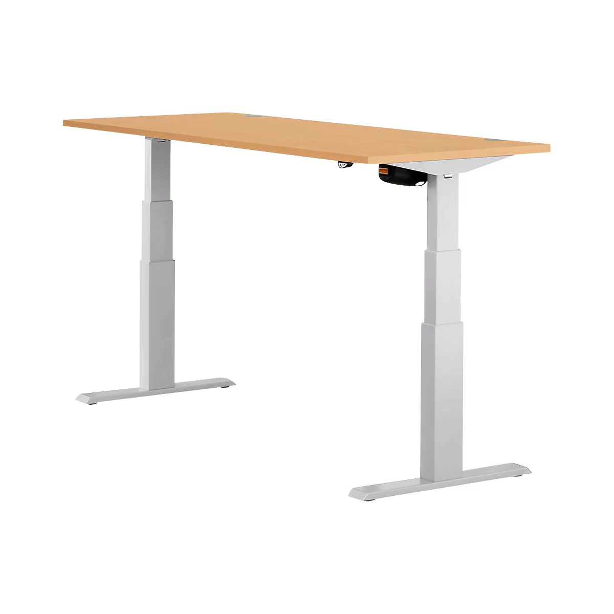 Light brown, height-adjustable desk on white frame. Black control panel.