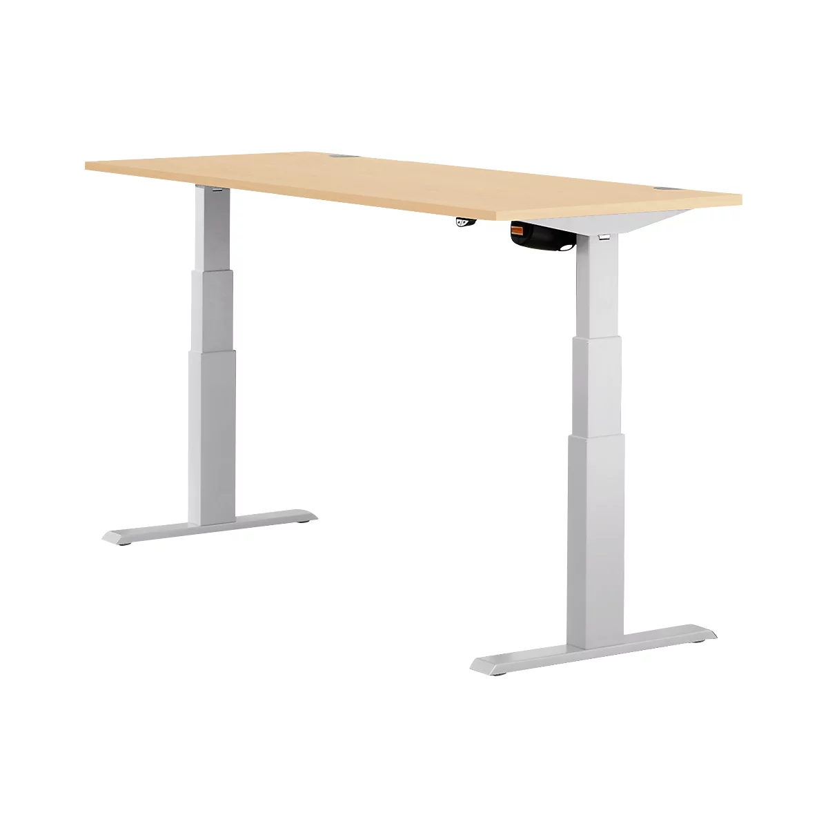 Light-colored height-adjustable desk, rectangular wooden tabletop, gray metal legs, black control panel.