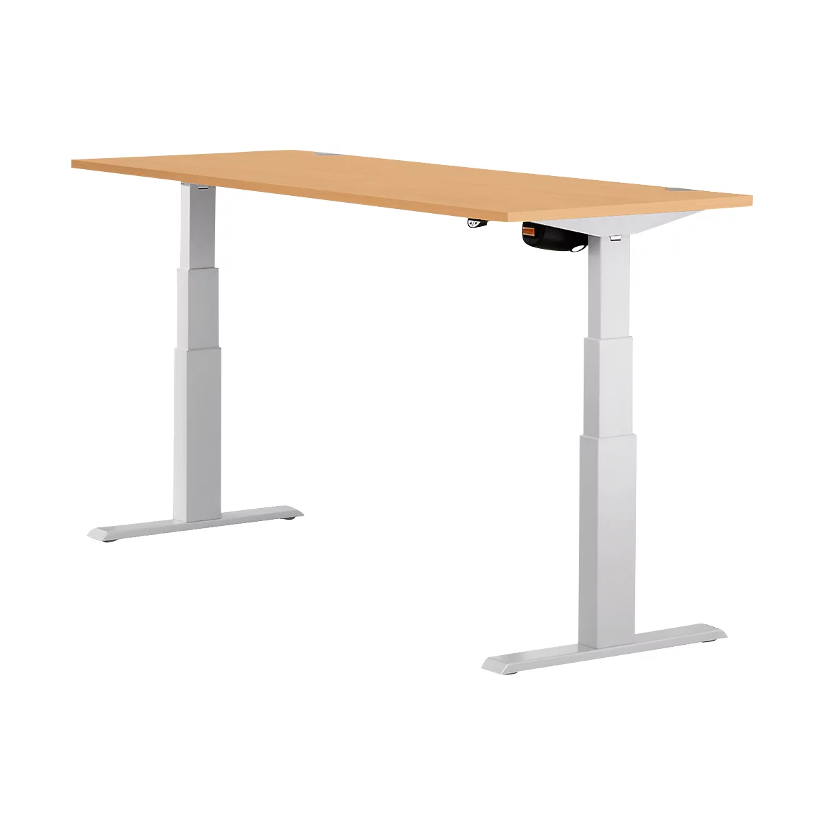 Height-adjustable desk with light wood top and white frame.