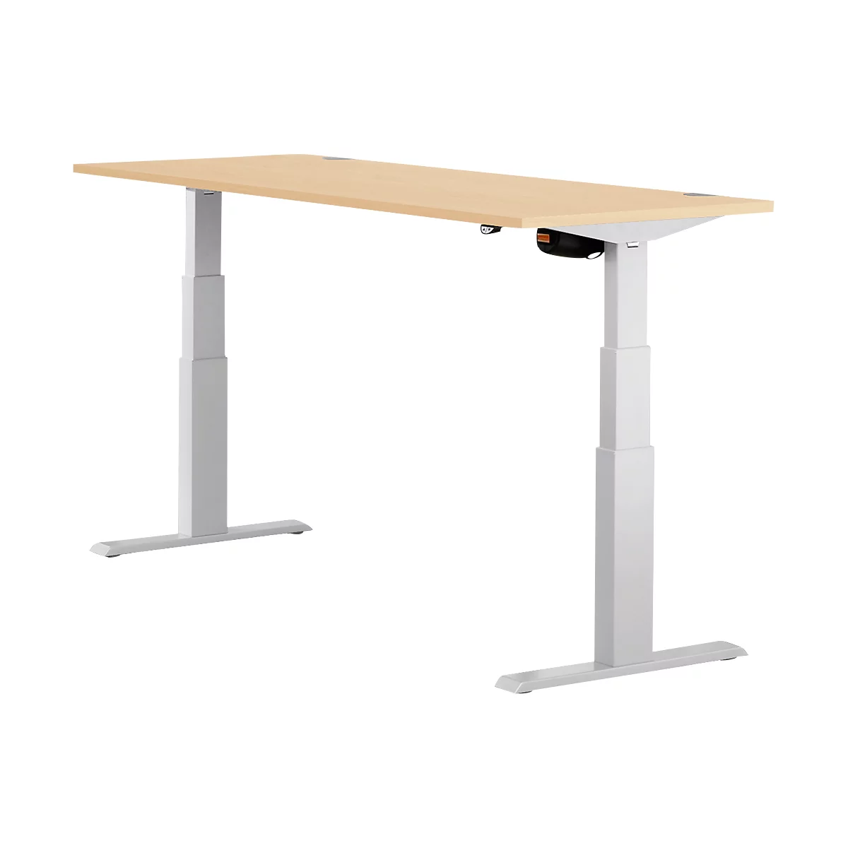 A height-adjustable desk with a light wood top and white legs. A control panel is attached on the right.