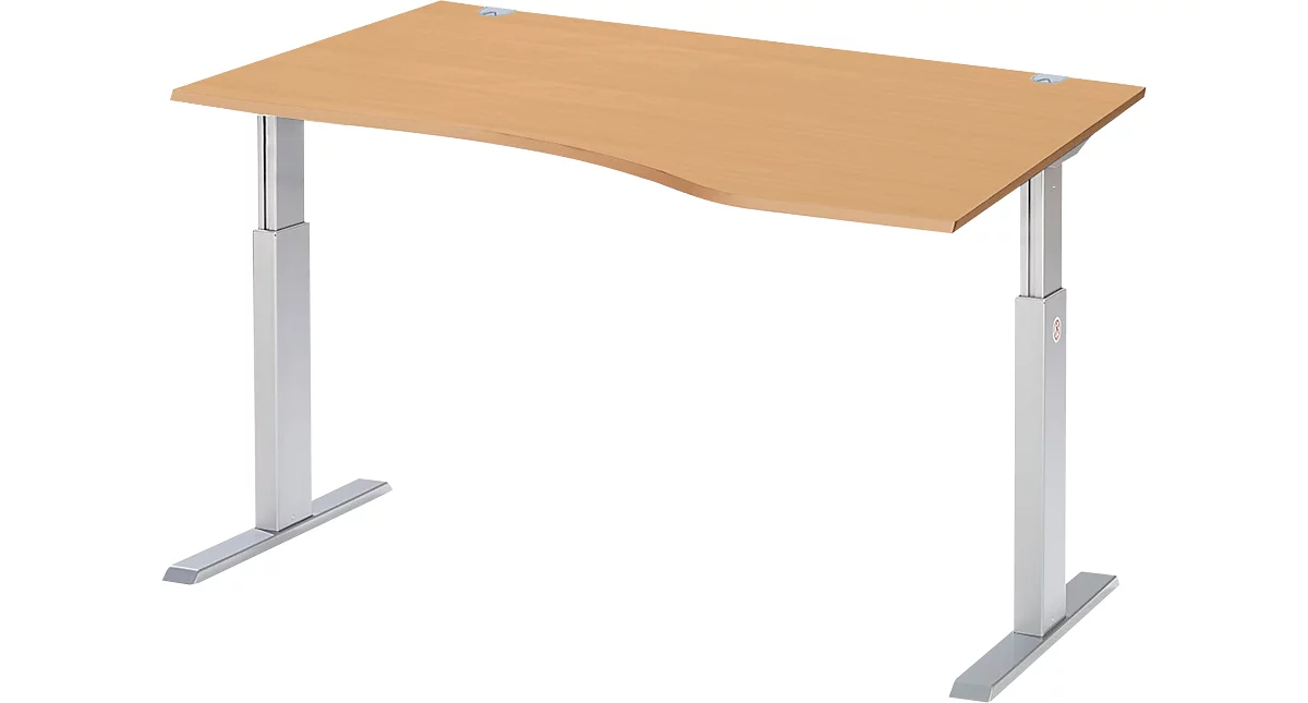 Schäfer Shop Select ERGO-T escritorio, regulable eléctricamente en altura, forma libre, fijación a la derecha, pie en T, An 1800 x Al 725-1185 mm, haya/aluminio blanco