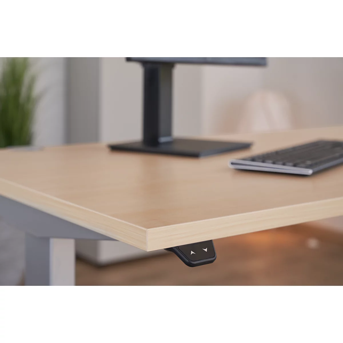 Schäfer Shop Select ERGO-T escritorio, regulable eléctricamente en altura, forma libre, fijación a la izquierda, pata en T, An 1800 x Al 640-1300 mm, decoración arce/aluminio blanco