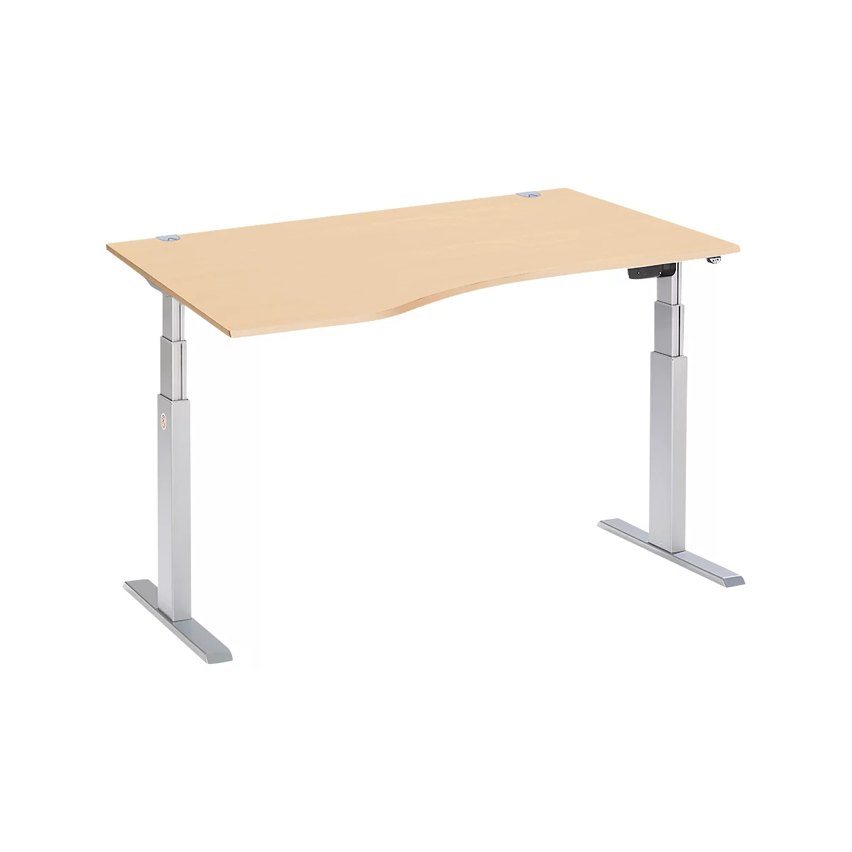 Schäfer Shop Select ERGO-T escritorio, regulable eléctricamente en altura, forma libre, fijación a la izquierda, pata en T, An 1800 x Al 640-1300 mm, decoración arce/aluminio blanco