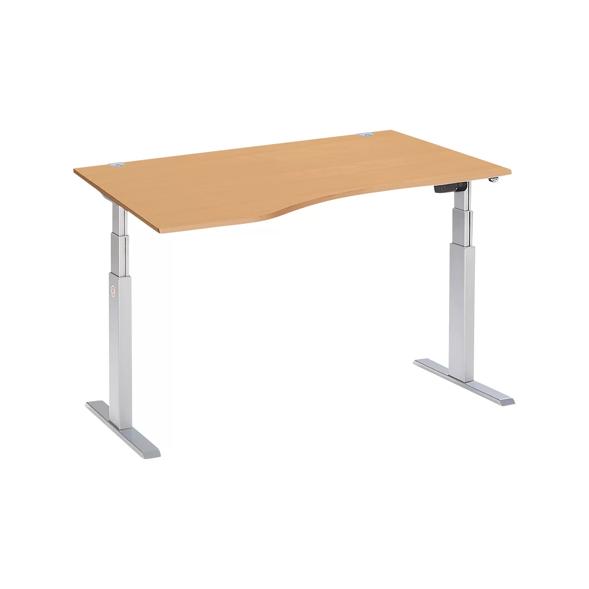Schäfer Shop Select ERGO-T escritorio, regulable eléctricamente en altura, forma libre, fijación a la izquierda, pata en T, ancho 1800 x alto 640-1300 mm, decoración haya/aluminio blanco