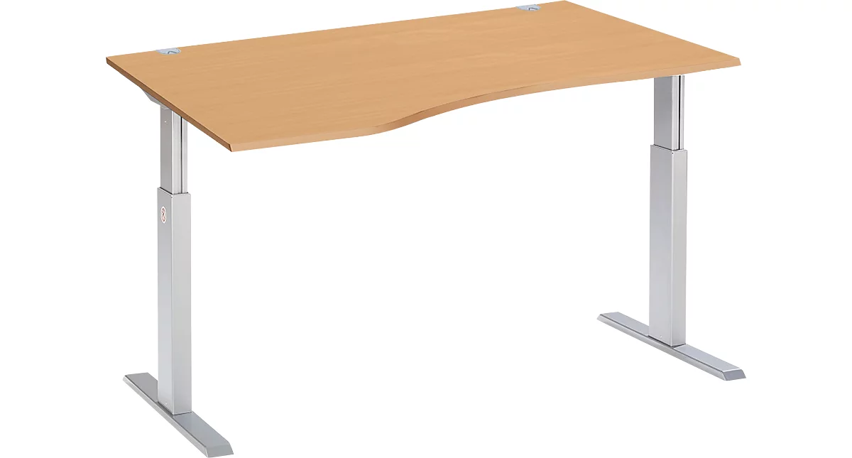 Schäfer Shop Select ERGO-T escritorio, regulable eléctricamente en altura, forma libre, fijación a la izquierda, pie en T, An 1800 x Al 725-1185 mm, haya/aluminio blanco