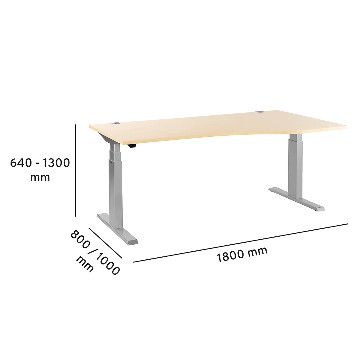 Schäfer Shop Select ERGO-T escritorio, regulable eléctricamente en altura, forma libre, lado derecho, pata en T, An 1800 x Al 640-1300 mm, decoración arce/aluminio blanco