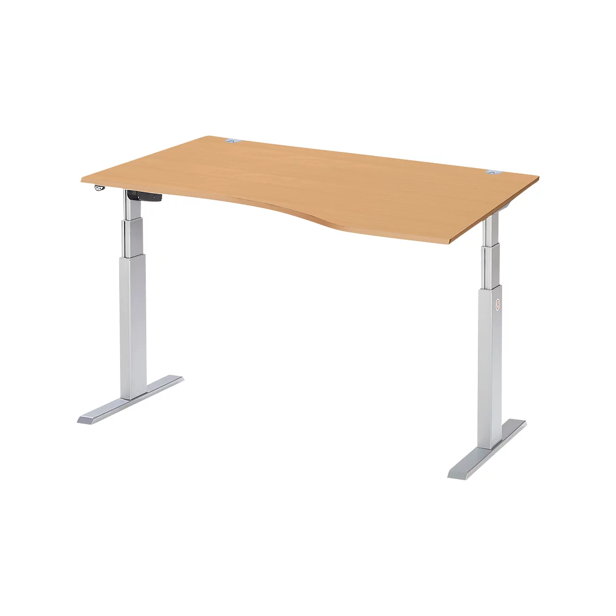 Schäfer Shop Select ERGO-T escritorio, regulable eléctricamente en altura, forma libre, lado derecho, pata en T, An 1800 x Al 640-1300 mm, decoración haya/aluminio blanco
