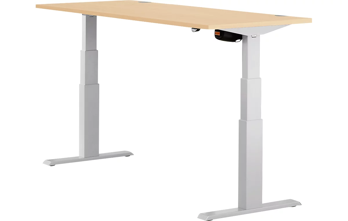 Schäfer Shop Select ERGO-T escritorio, regulable eléctricamente en altura, rectangular, pie en T, An 1600 x F 800 x Al 640-1300 mm, arce/aluminio blanco