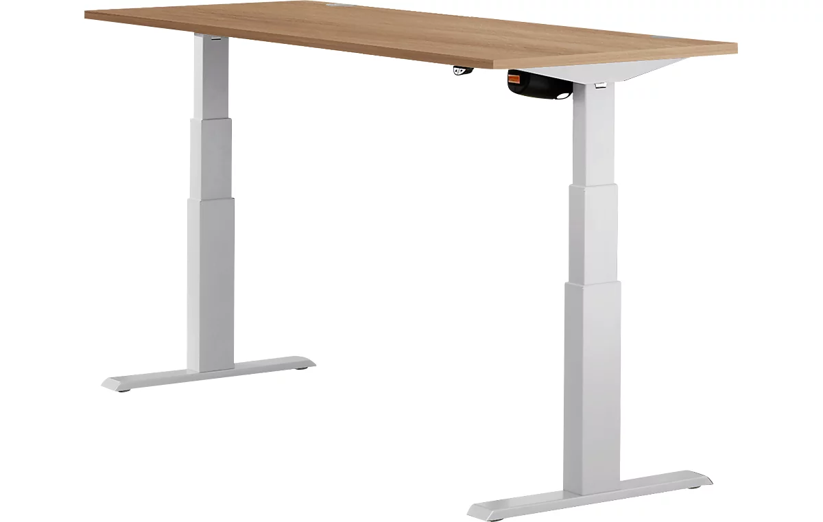 Schäfer Shop Select ERGO-T escritorio, regulable eléctricamente en altura, rectangular, pie en T, An 1600 x F 800 x Al 640-1300 mm, cerezo Romana/aluminio blanco