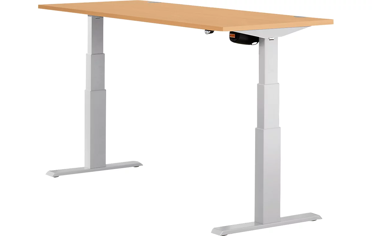 Schäfer Shop Select ERGO-T escritorio, regulable eléctricamente en altura, rectangular, pie en T, An 1600 x F 800 x Al 640-1300 mm, haya/aluminio blanco