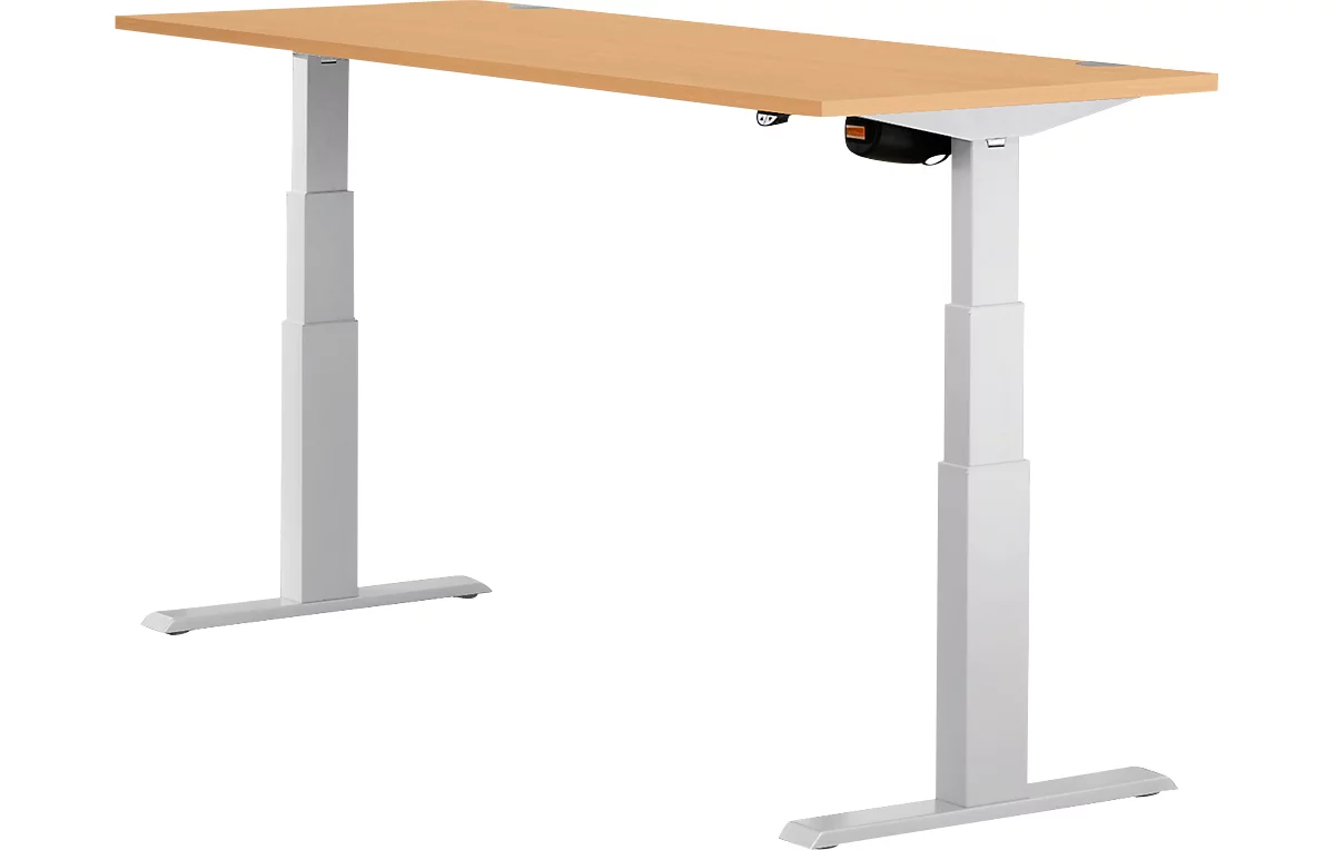 Schäfer Shop Select ERGO-T escritorio, regulable eléctricamente en altura, rectangular, pie en T, An 1800 x Pr 800 x Al 640-1300 mm, haya/aluminio blanco