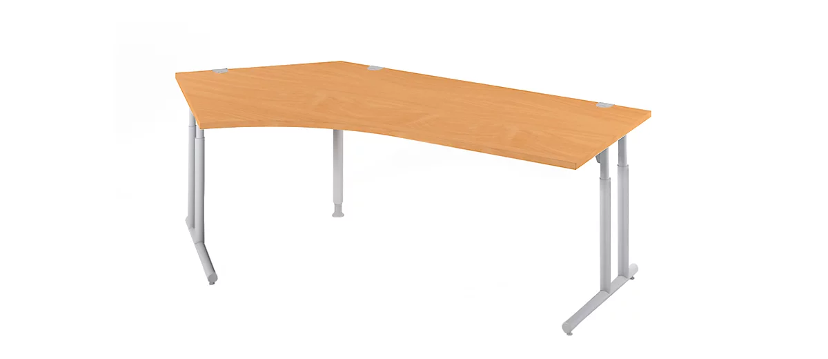 Schäfer Shop Select escritorio angular COMBITEC, ángulo 135° izquierda, pie en C, An 2165 x Pr 800/800 x Al 677-817 mm, haya/aluminio blanco
