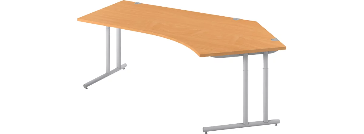 Schäfer Shop Select escritorio angular COMBITEC, ángulo de 135° a la derecha, pie en C, An 2165 x Pr 800/800 x Al 677-817 mm, haya/aluminio blanco