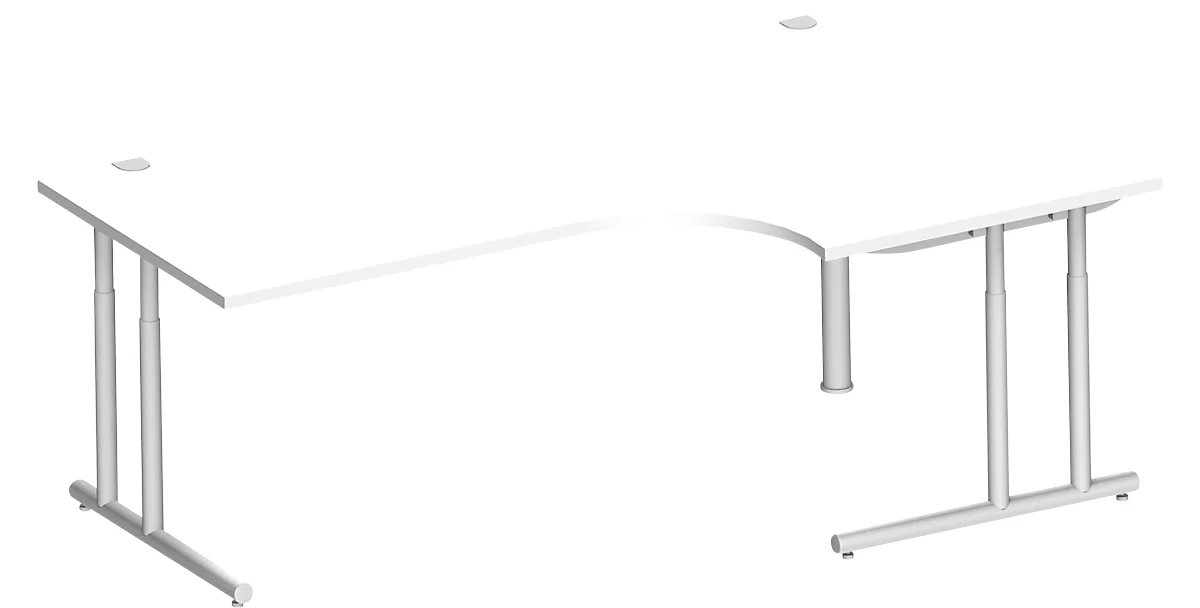 Schäfer Shop Select escritorio angular COMBITEC, ángulo de 90° a la derecha, pie en C, An 2000 x Pr 1200/800 x Al 677-817 mm, aluminio blanco/blanco
