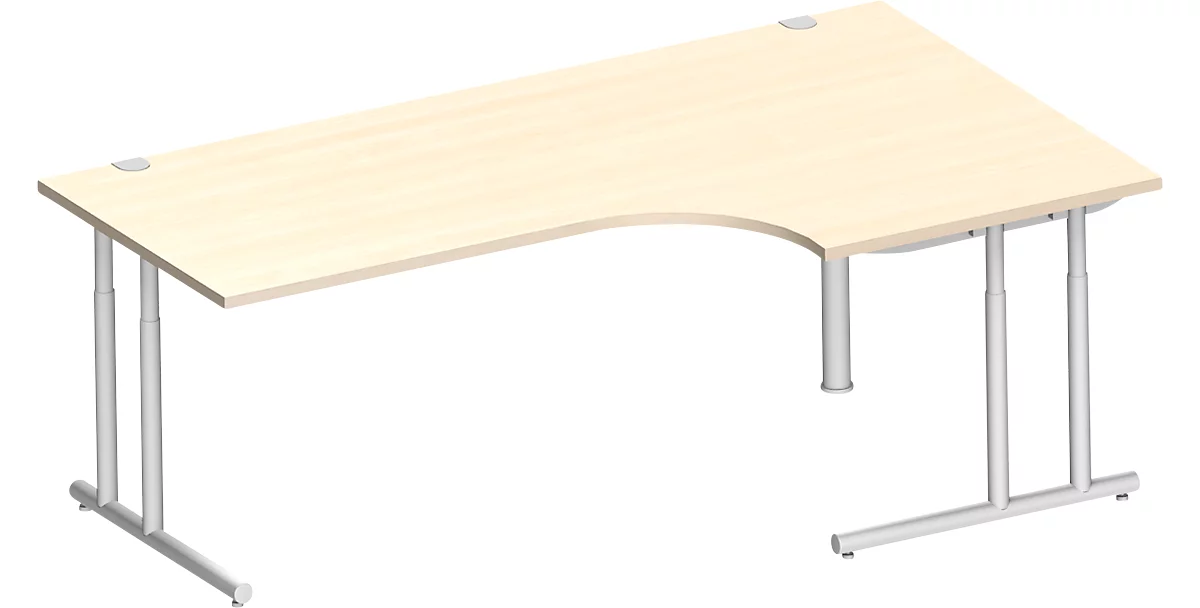 Schäfer Shop Select escritorio angular COMBITEC, ángulo de 90° a la derecha, pie en C, An 2000 x Pr 1200/800 x Al 677-817 mm, arce/aluminio blanco