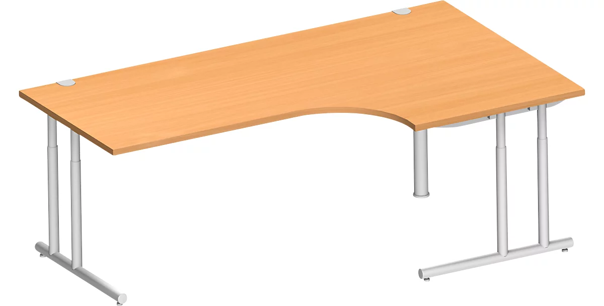 Schäfer Shop Select escritorio angular COMBITEC, ángulo de 90° a la derecha, pie en C, An 2000 x Pr 1200/800 x Al 677-817 mm, haya/aluminio blanco
