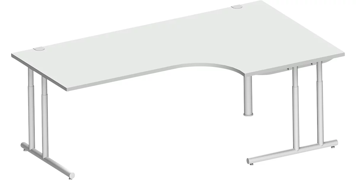Schäfer Shop Select escritorio angular COMBITEC, ángulo de 90° a la derecha, pie en C, ancho 2000 x fondo 1200/800 x alto 677-817 mm, aluminio gris claro/blanco