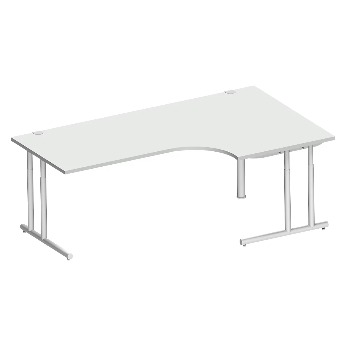 Schäfer Shop Select escritorio angular COMBITEC, ángulo de 90° a la derecha, pie en C, ancho 2000 x fondo 1200/800 x alto 677-817 mm, aluminio gris claro/blanco