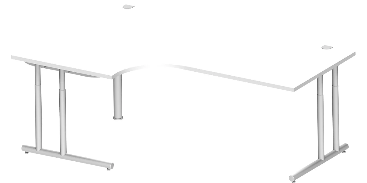 Schäfer Shop Select escritorio angular COMBITEC, ángulo de 90° a la izquierda, pie en C, An 2000 x Pr 1200/800 x Al 677-817 mm, aluminio blanco/blanco