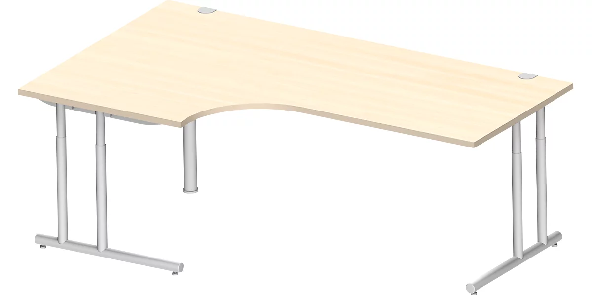 Schäfer Shop Select escritorio angular COMBITEC, ángulo de 90° a la izquierda, pie en C, An 2000 x Pr 1200/800 x Al 677-817 mm, arce/aluminio blanco