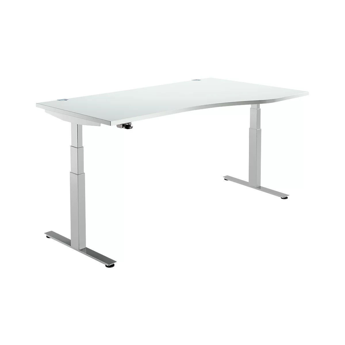 Schäfer Shop Select Escritorio DRIVE UP 2, extensión derecha, pata en T, forma libre, ajustable en altura, gris luminoso/aluminio blanco 