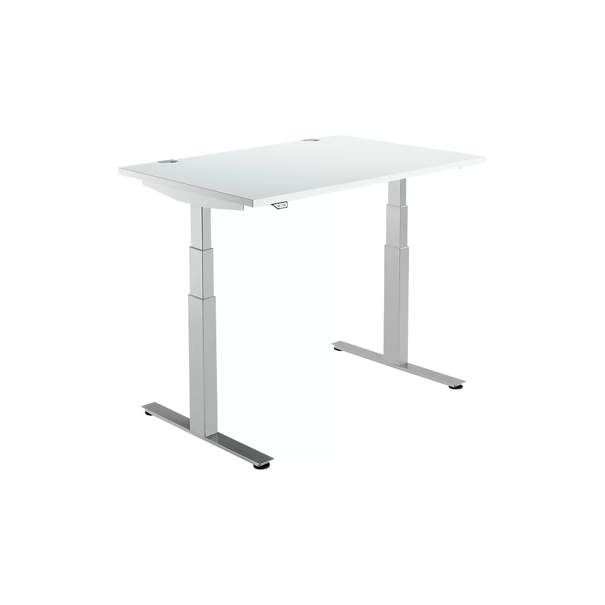 Schäfer Shop Select Escritorio DRIVE UP 2, pata en T, rectangular, ajustable en altura eléctr. en 2 niveles, An 1200 mm, gris luminoso/aluminio blanco 