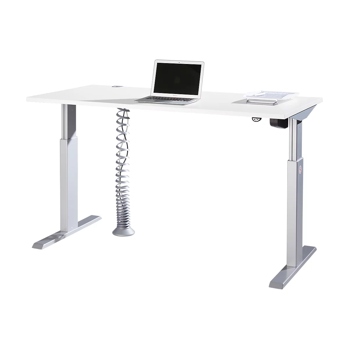 Schäfer Shop Select Escritorio ERGO-T, ajustable en altura eléctr. 1 nivel, rectangular, pata en T, An 1600 x P 800 x Al 725-1195 mm, blanco + espiral para cable