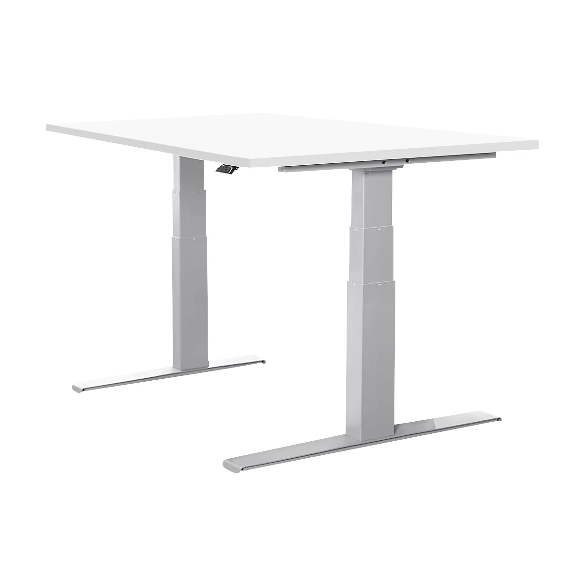 Schäfer Shop Select escritorio LOGIN, regulable eléctricamente en altura, rectangular, pata en T, An 1200 x Pr 800 x Al 645-1290 mm, aluminio blanco/blanco