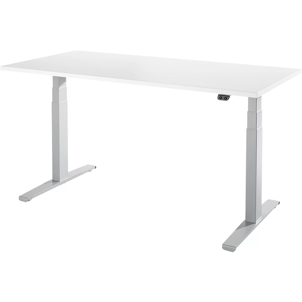 Schäfer Shop Select escritorio LOGIN, regulable eléctricamente en altura, rectangular, pata en T, ancho 1600 x fondo 800 x alto 645-1290 mm, aluminio blanco/blanco