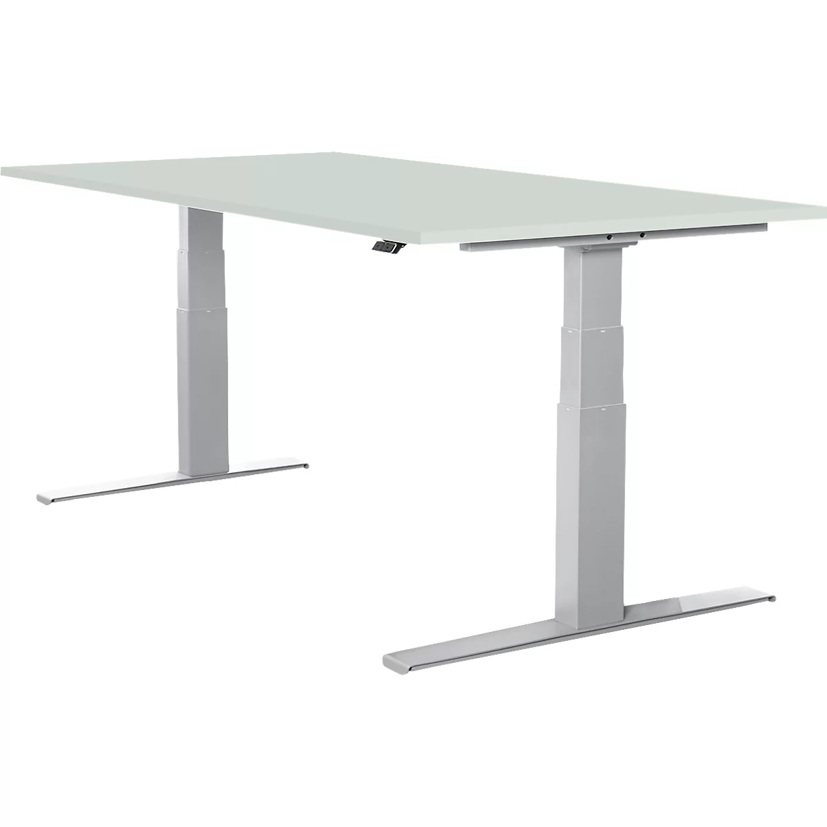 Schäfer Shop Select escritorio LOGIN, regulable eléctricamente en altura, rectangular, pata en T, ancho 1600 x fondo 800 x alto 645-1290 mm, aluminio gris claro/blanco 