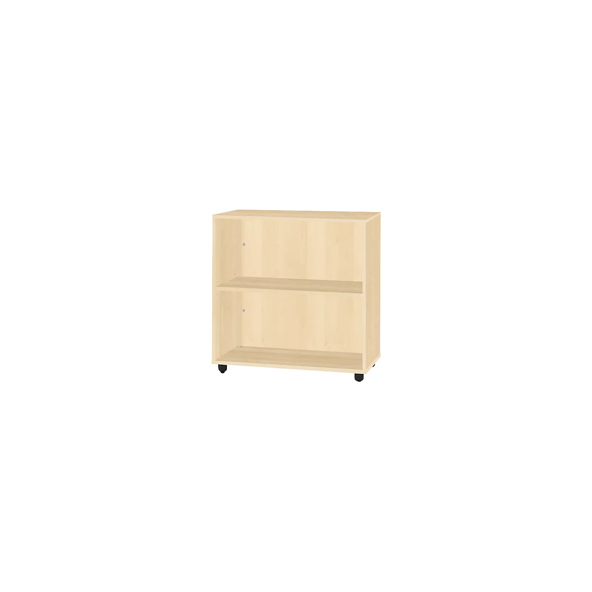 Armoire rectangulaire de couleur claire avec deux étagères. Roulettes noires en bas.
