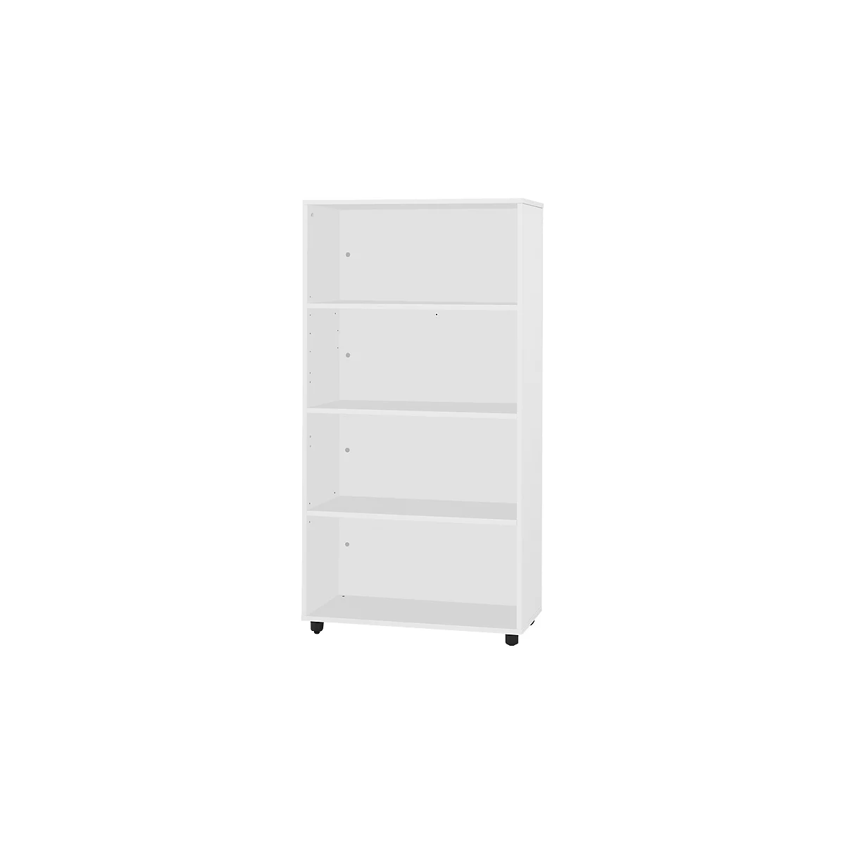 Étagère blanche à quatre compartiments, sur roulettes. Design épuré, fond simple.