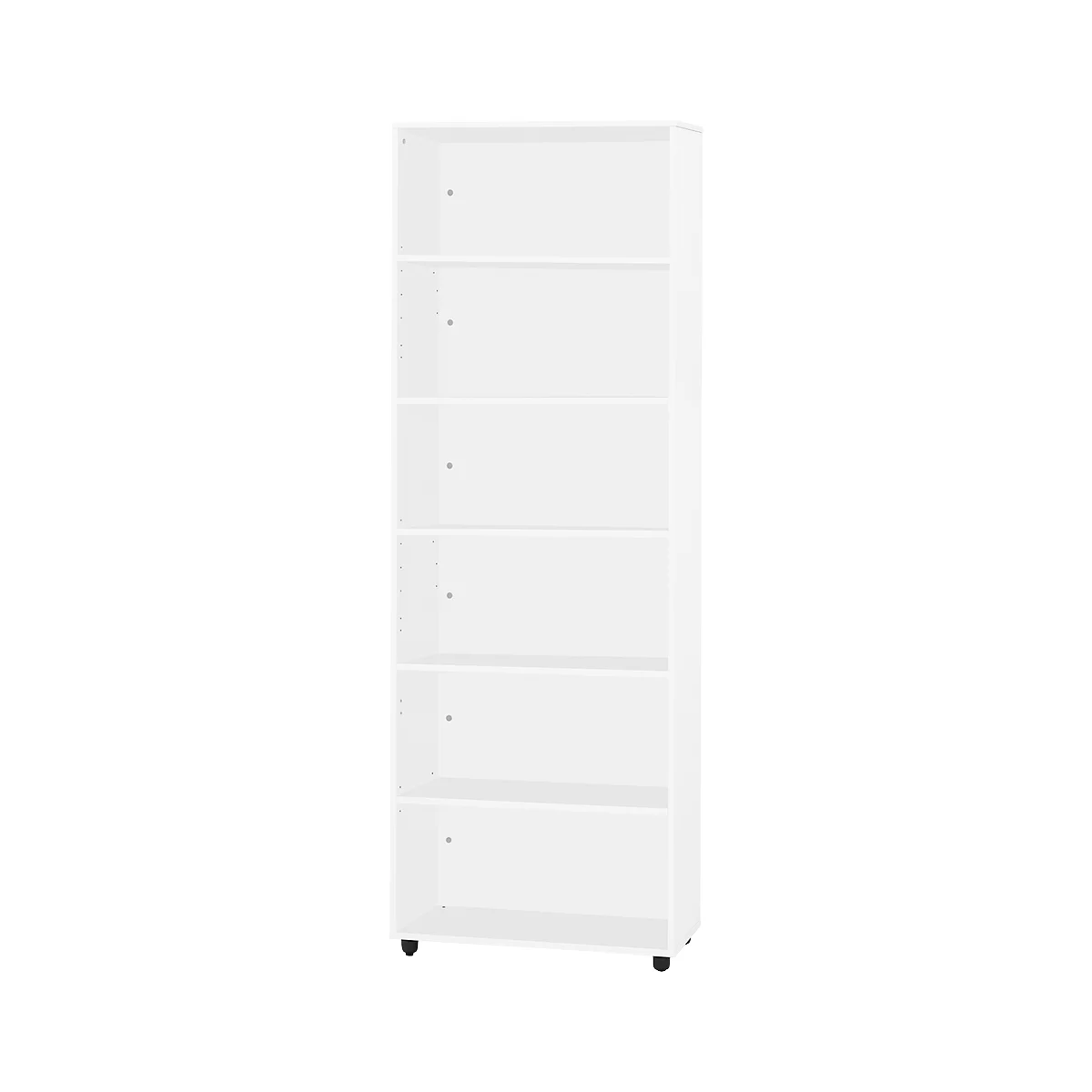 Étagère blanche avec cinq compartiments. Roulettes noires en bas.