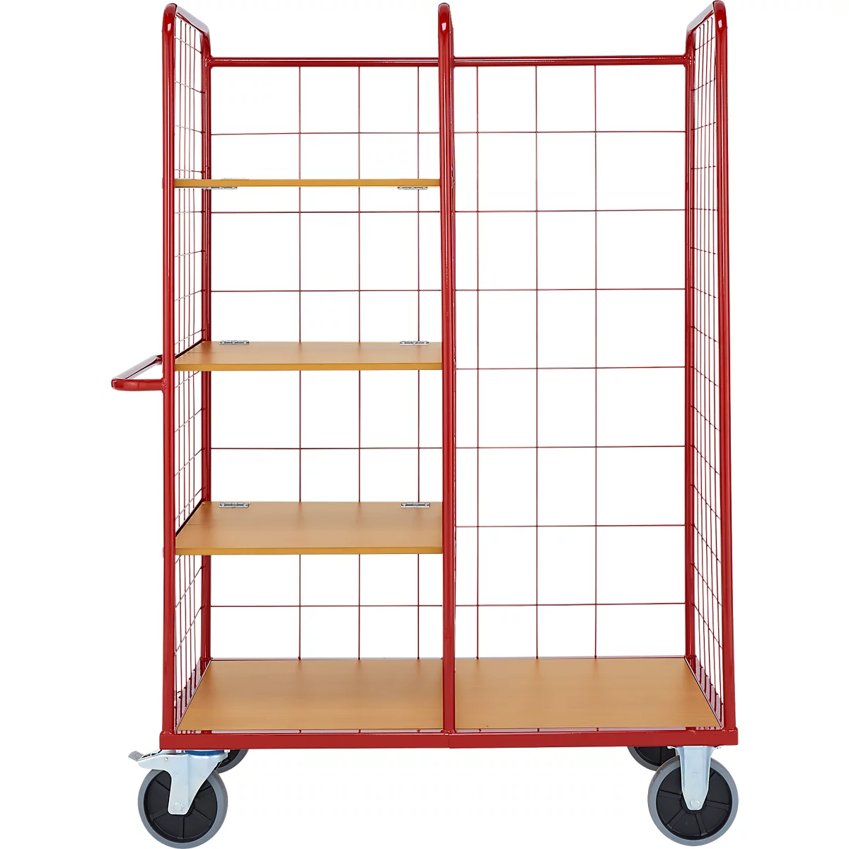 Rode transportkar met gaaswanden, houten vloeren en wielen.