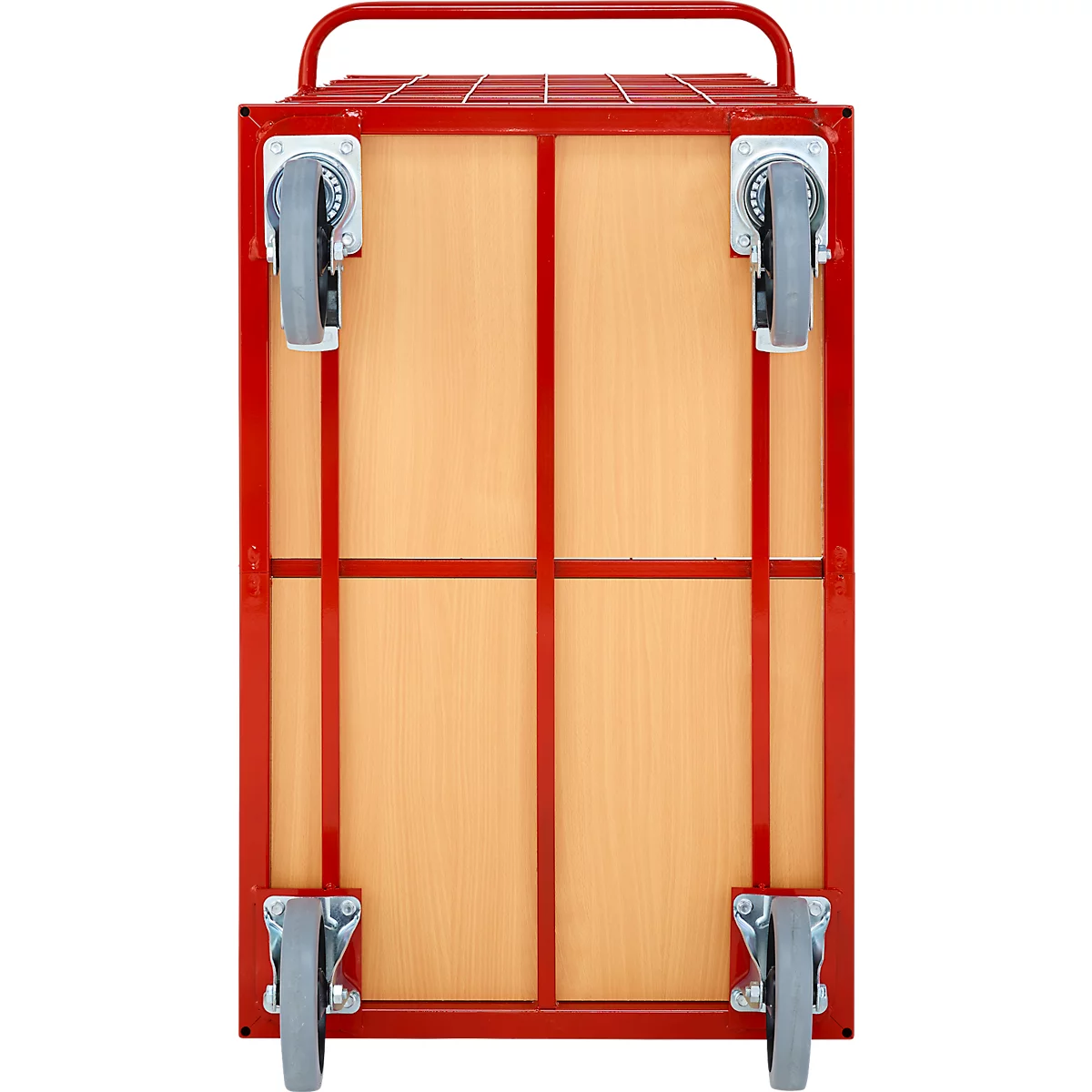 Bovenaanzicht van een rode trolley met houten paneel en vier grijze wielen.