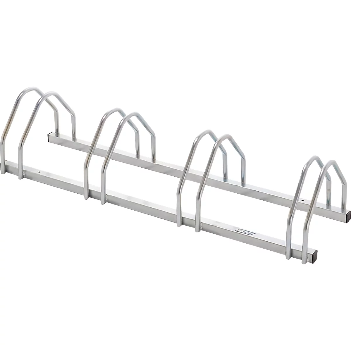 Een zilveren metalen fietsenrek met meerdere houders voor het parkeren van fietsen.