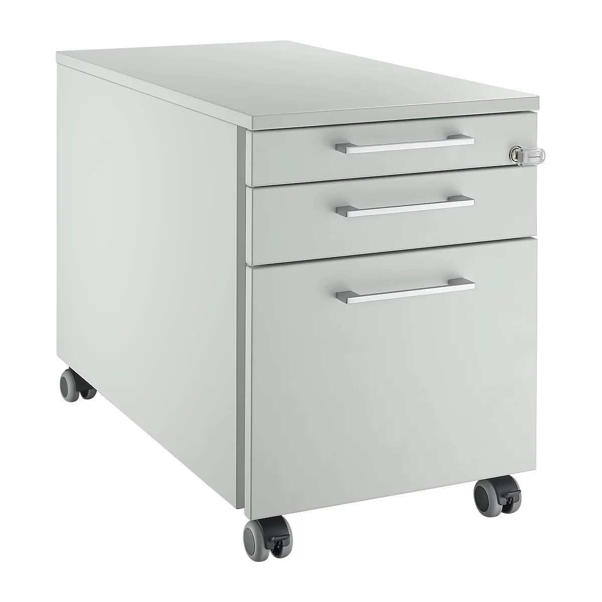 Gray mobile pedestal with three drawers and silver handles. It stands on castors.