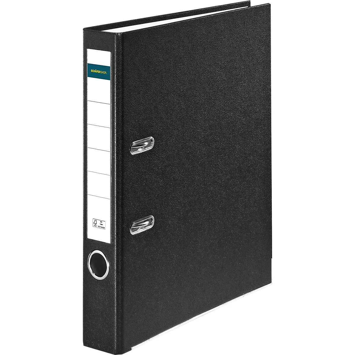 Black binder with white label and metal fittings. The binder is slightly slanted.