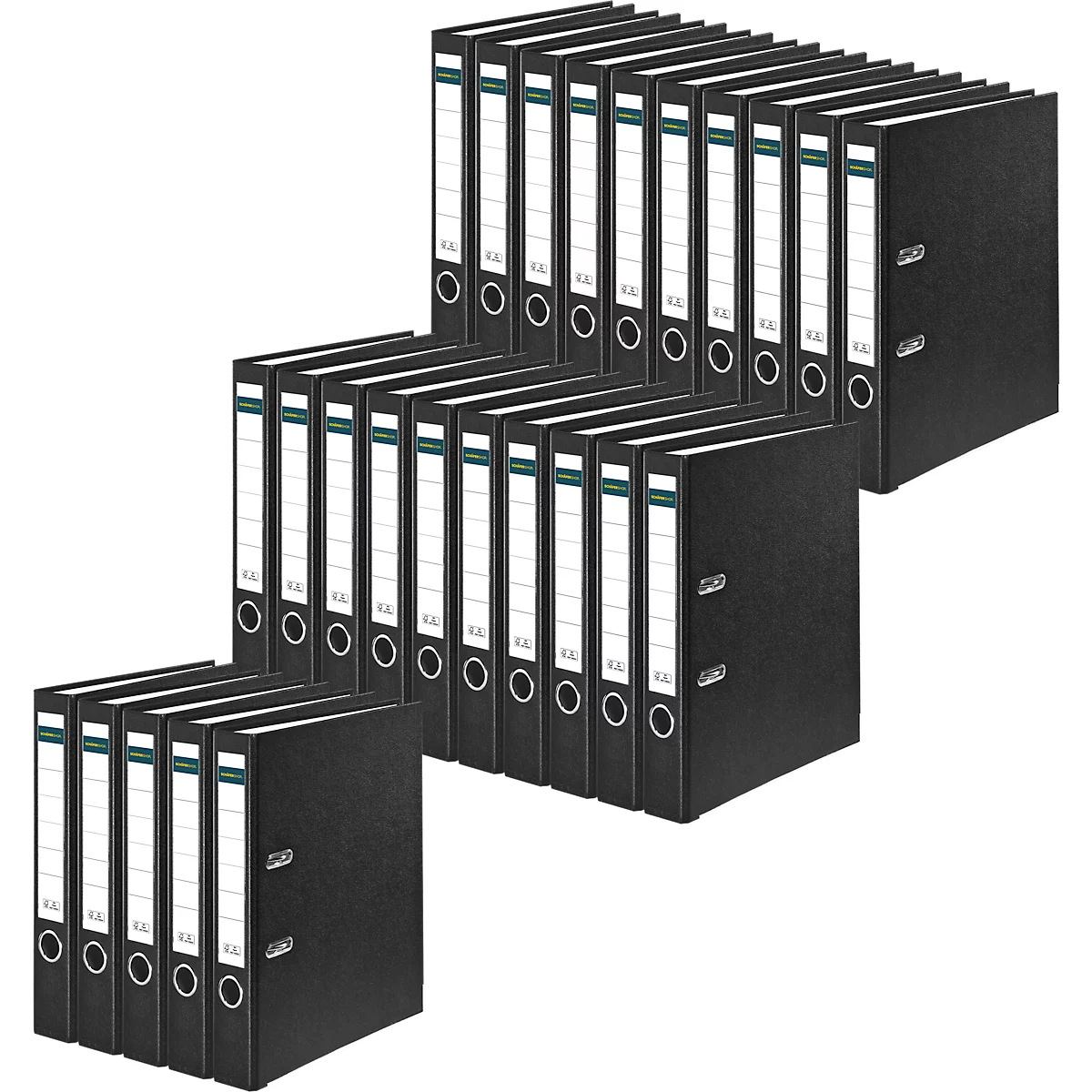 Dark file folders stacked in staggered rows. White label fields and metal rings are visible.