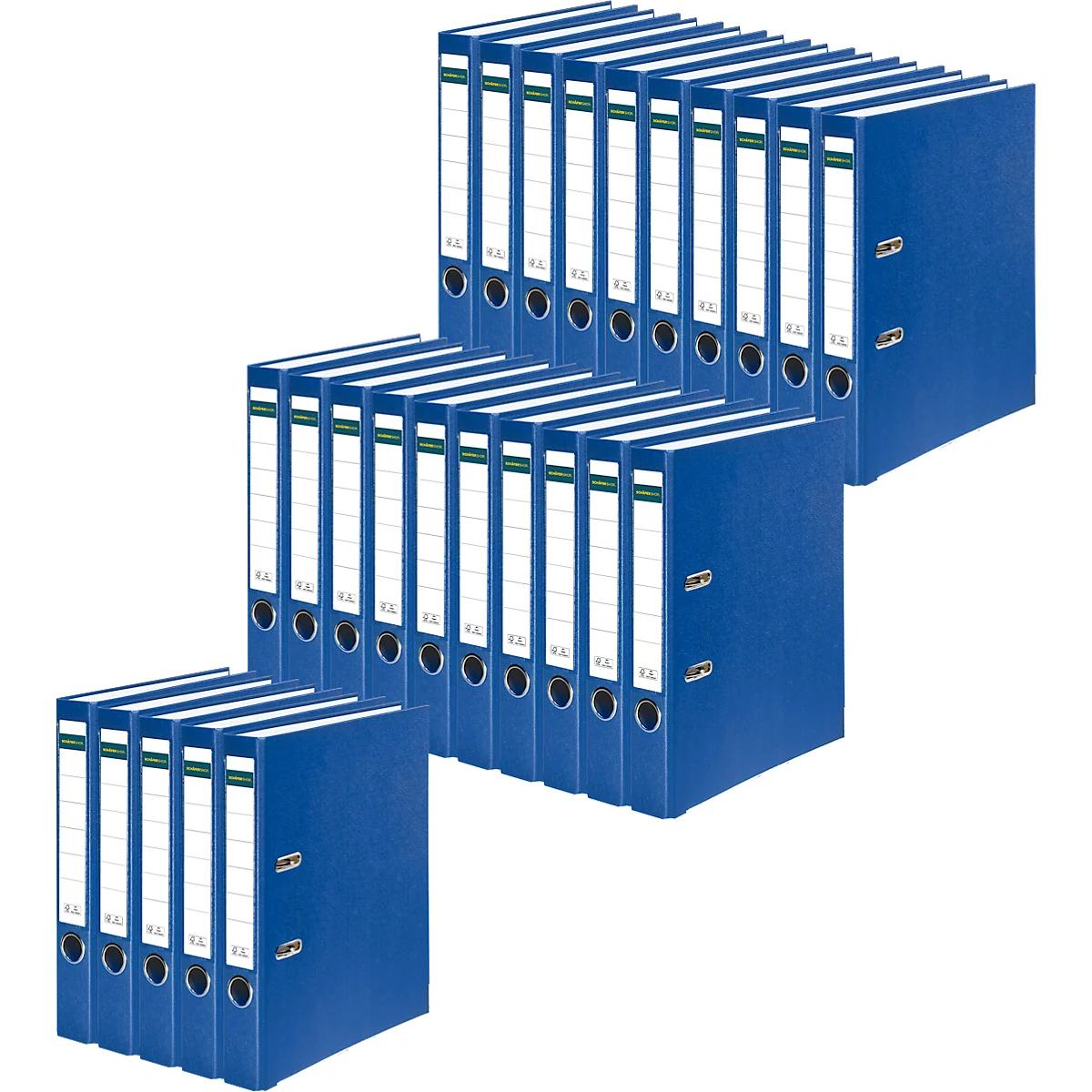 Several blue file folders, stacked. They have white labels with green stripes.