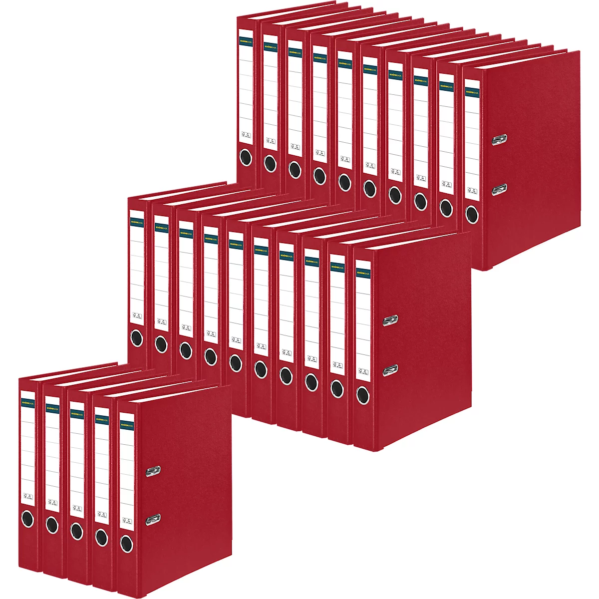 An arrangement of red lever arch files, stacked and arranged at different angles.