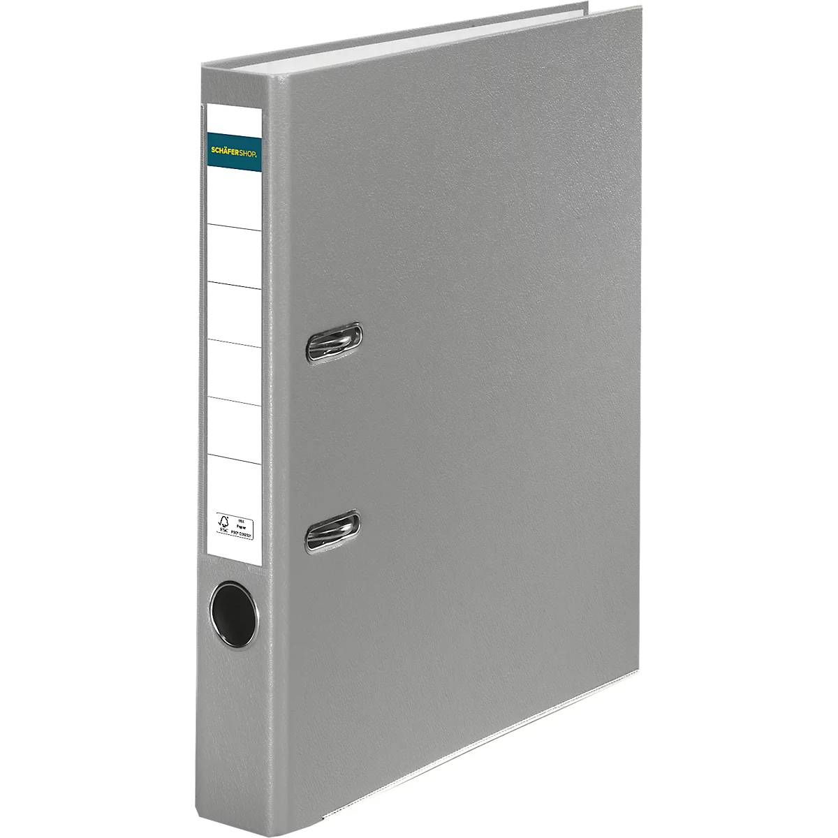 Gray binder with a blank label. The brand logo is visible. On the left there is a hole for the fingers and two metal rings to open it.